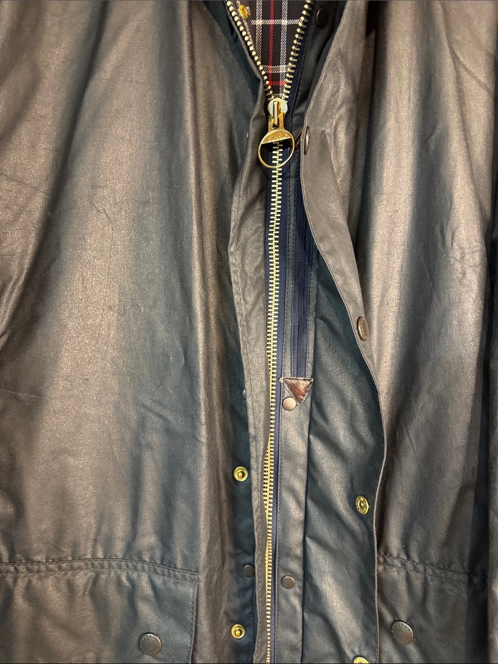 Barbour Border Wax Jacket in Navy with Corduroy Collar and Plaid Lining - Picture 11 of 16